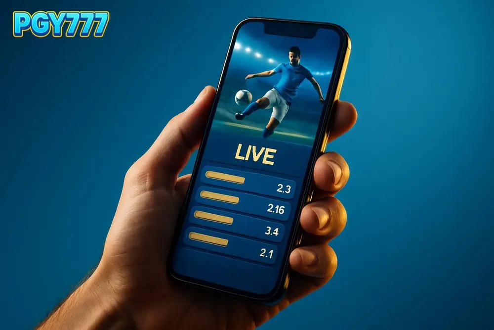 PGY777 app — a hand holding a phone with a live sports betting screen
