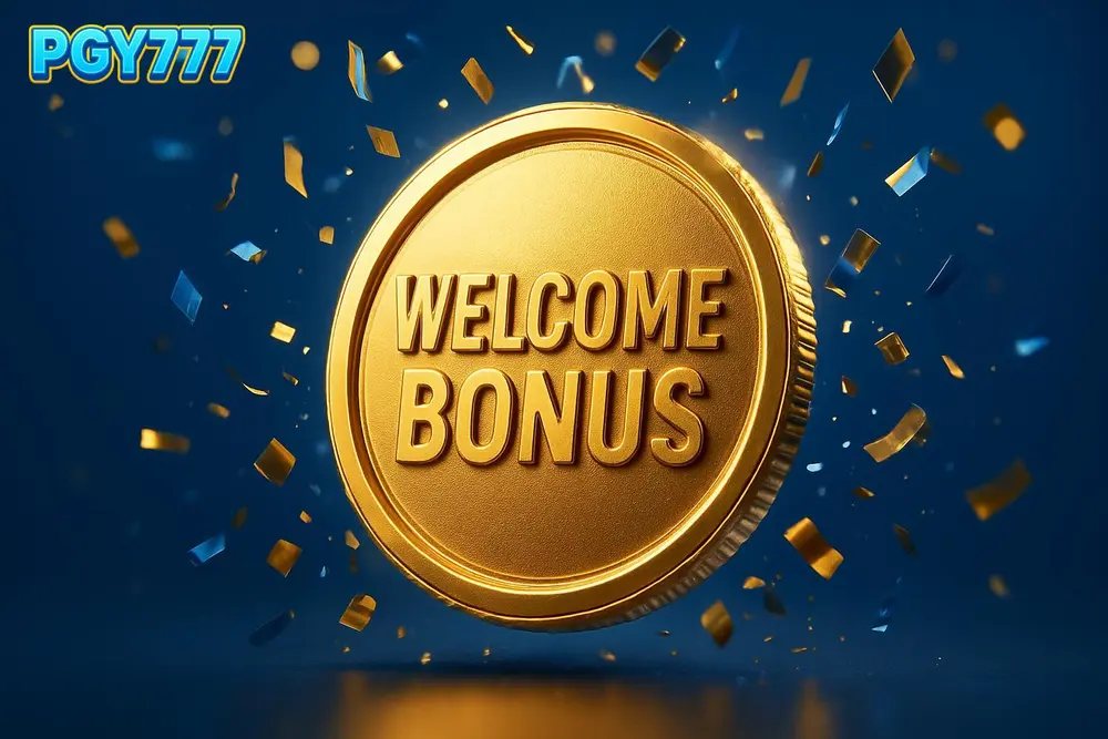 PGY777 bonus — a giant glowing welcome-bonus coin burst with confetti