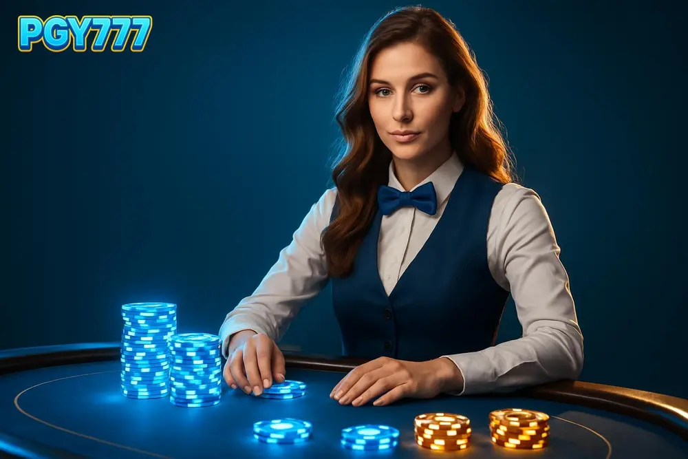 PGY777 casino โ a live dealer at a casino card table with glowing chips PGY777 casino โ a live dealer at a casino card table with glowing chips