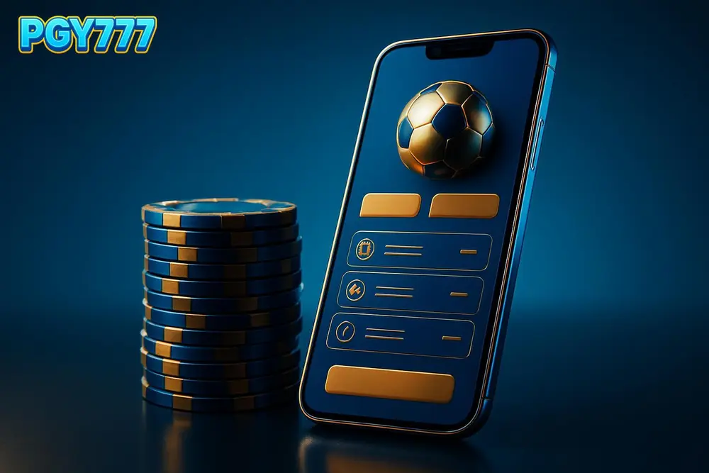 PGY777 Bangladesh — a stack of casino chips beside a mobile phone showing a betting app
