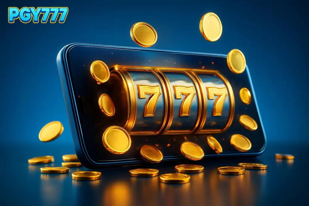 PGY777 slots — a smartphone displaying spinning slot reels with sparkling coins